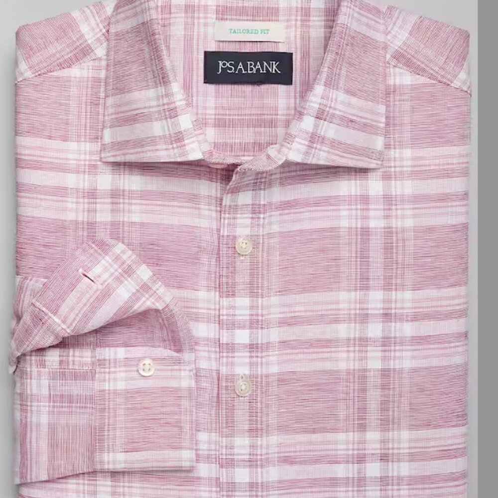 Jos. A. Bank Tailored Fit Plaid Sportshirt.   colour:Berry - Picture 2 of 2